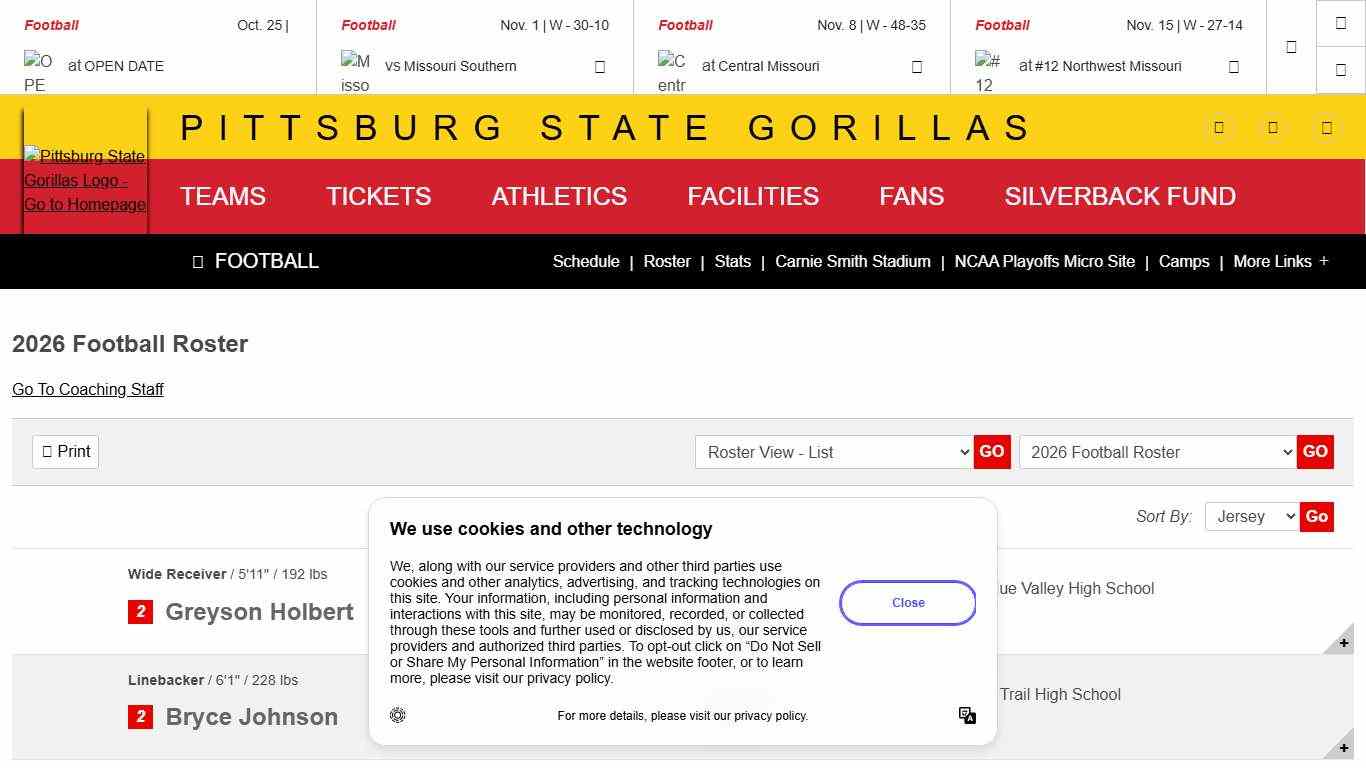 2026 Football Roster - Pittsburg State University Athletics